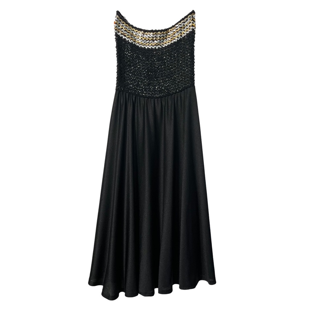 Vintage We3 Black Sequin Pleated Strapless Stretch Fit & Flare Midi Dress Small